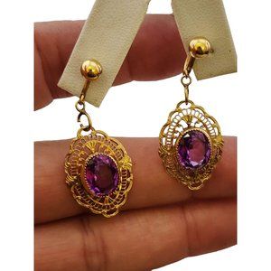 Vintage GF Dainty Edwardian Glass Filigree Earrings Glows Signed HG (A3288)